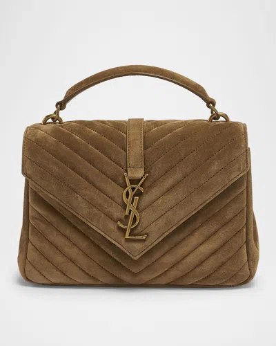 Saint Laurent College Medium Flap Ysl Shoulder Bag In Quilted Suede In Golden Leaf