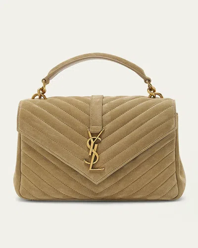 Saint Laurent College Medium Flap Ysl Shoulder Bag In Quilted Suede In Matt Gold