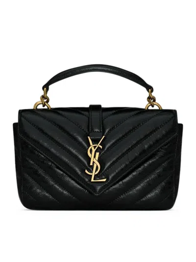 Saint Laurent College Mini Chain Bag In Shiny Craquelé Leather In Black