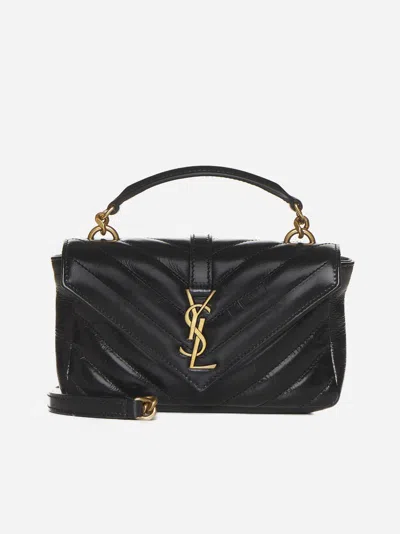 Saint Laurent College Mini Metalassé Leather Shoulder Bag In Black