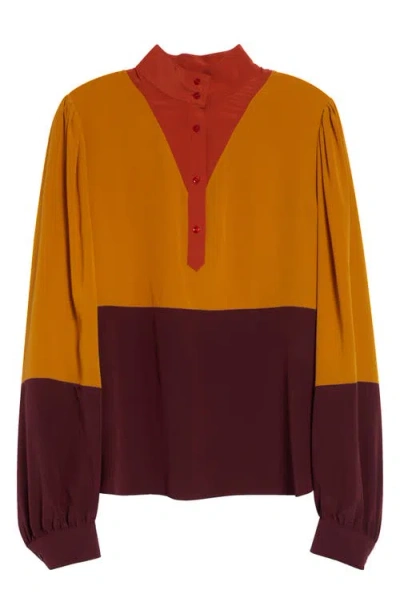 Saint Laurent Colorblock Silk Crêpe De Chine Half-placket Shirt In Brown