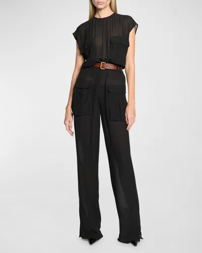 Saint Laurent Combinaison Sleeveless Belted Silk Chiffon Utility Jumpsuit In Black