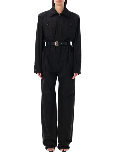 SAINT LAURENT BLACK COTTON JUMPSUIT WITH POINTED COLLAR AND GOLD BUCKLE WAISTBAND