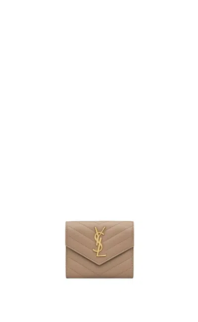 Saint Laurent Compact Tri Fold Wallet In Dust Grey For Women In Brown