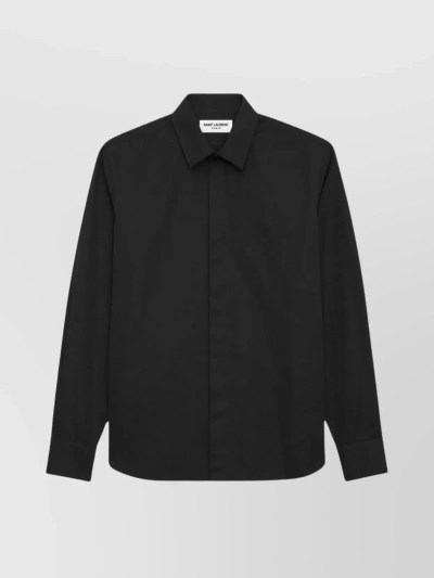 Saint Laurent Long-sleeve Silk Shirt In Noir