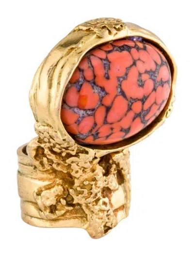 Pre-owned Saint Laurent Coral Cabochon & Enamel Ring Statement Cocktail Ring In Orange