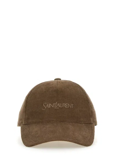 Saint Laurent Logo-embroidered Cotton-corduroy Baseball Cap In Brown