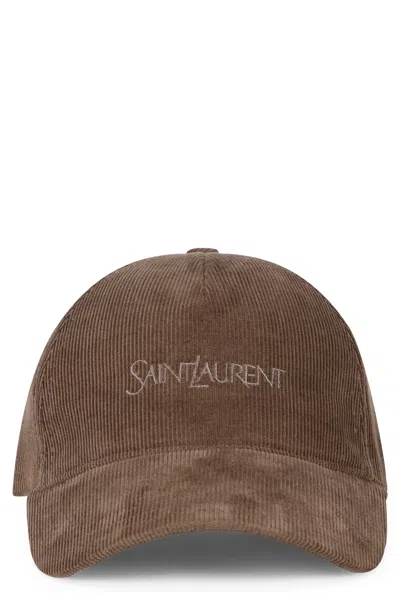 Saint Laurent Logo-embroidered Cotton-corduroy Baseball Cap In Brown