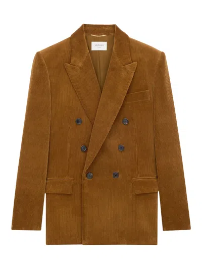Saint Laurent Double-breasted Corduroy Jacket In Brown