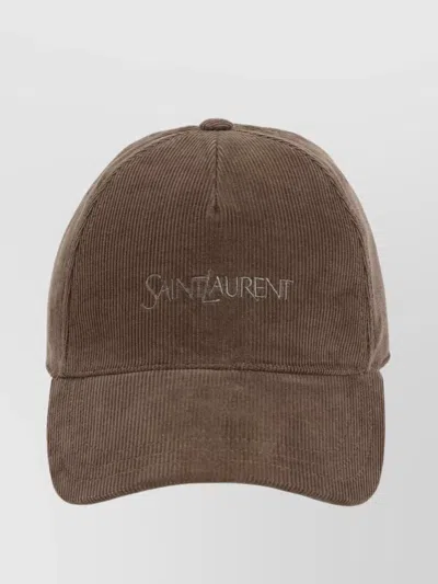 Saint Laurent Corduroy Texture Cotton Hat With Curved Brim In Brown