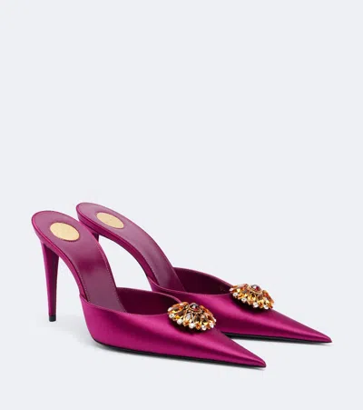 Saint Laurent Cosmo Embellished Satin Mules In Purple