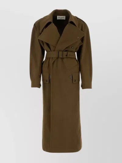 Saint Laurent Cotton Coat With Back Vent And Belted Waist In Green