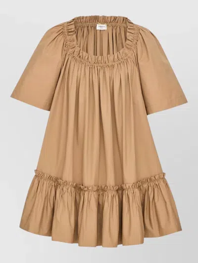 Saint Laurent Cotton Dress Ruffled Neckline And Hem In Brown