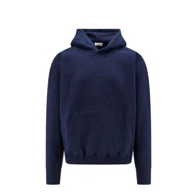 Saint Laurent Logo-embroidered Hooded Sweatshirt In Blue