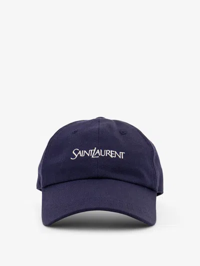 Saint Laurent Cotton Hat With Embroidered Logo In Blue
