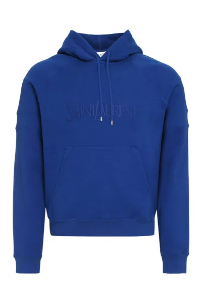 Saint Laurent Logo-embroidered Hooded Cotton Sweatshirt In Blue