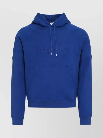 Saint Laurent Cotton Hoodie With Contrasting Cuffs And Hem In Blue
