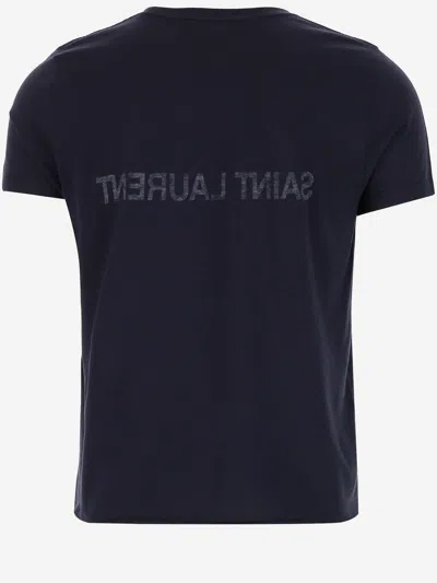 Saint Laurent Cotton Jersey With Contrast Logo T-shirt In Blue
