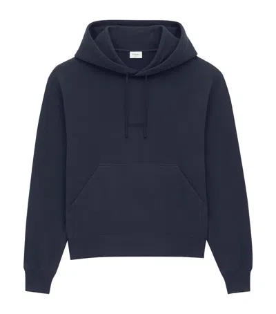 Saint Laurent Cotton Logo Embroidered Hoodie In Blue