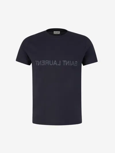 Saint Laurent Cotton Logo T-shirt In Navy Blue
