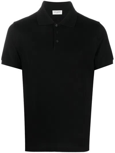 Saint Laurent Cotton Piqué Cassandre Embroidery Polo Shirt In Black