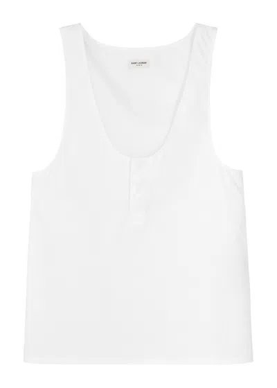 Saint Laurent White Sleeveless Satin-finish Silk Top In Beige