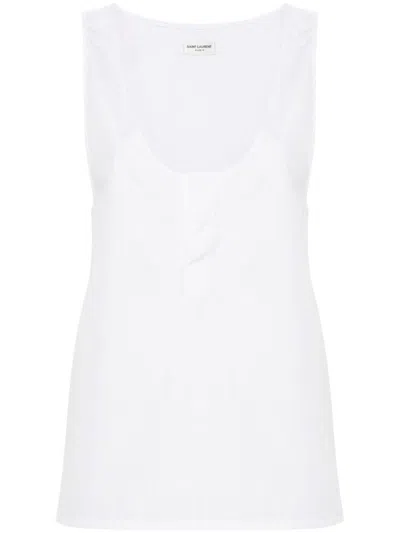 Saint Laurent White Sleeveless Satin-finish Silk Top In Beige