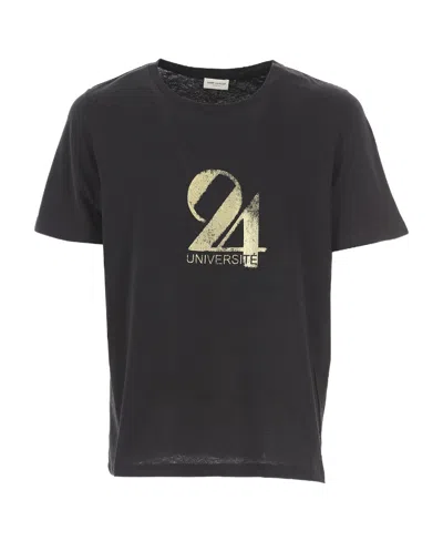 Saint Laurent Cotton Printed T-shirt With Round Neck In Black