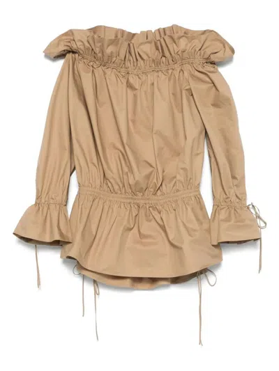 Saint Laurent Ruched Neckline Mini Dress Poet Sleeves In Brown