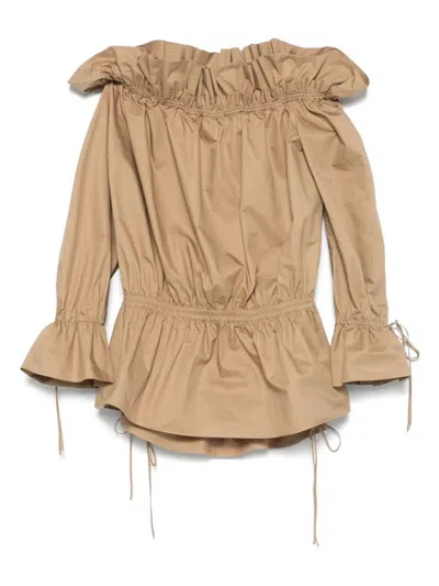Saint Laurent Ruched Neckline Mini Dress Poet Sleeves In Brown