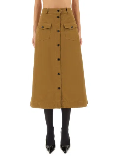 Saint Laurent Cotton Serge Midi Skirt In Sand