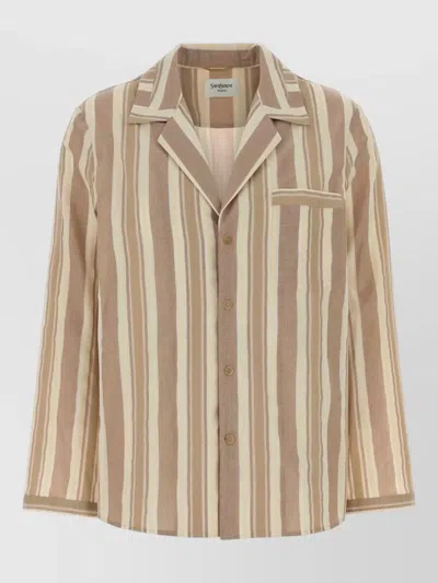 Saint Laurent Cotton Shirt Jacket Striped Notched Lapel In Brown