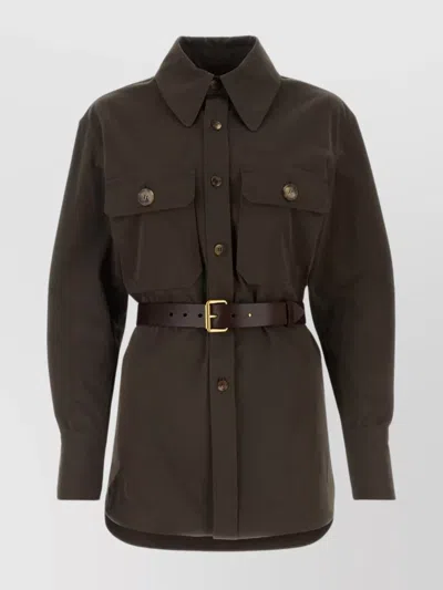 Saint Laurent Cotton Shirt With Back Pleat And Belted Waist In Brown
