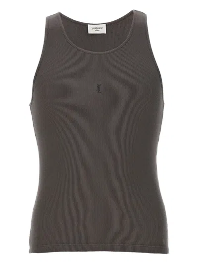 Saint Laurent Ribbed Texture Sleeveless Tank Top In Gray