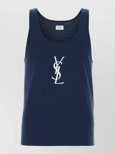 Saint Laurent Cotton Tank Top Round Neckline Sleeveless In Blue