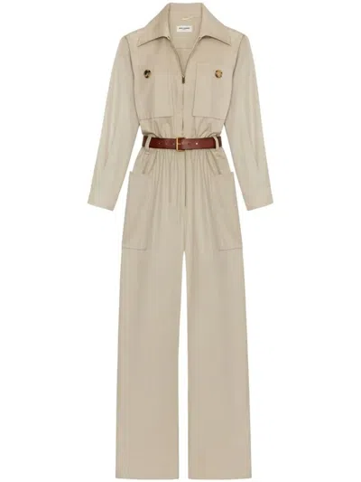 SAINT LAURENT COTTON TWILL BELTED JUMPSUIT