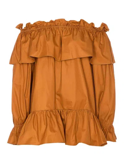 Saint Laurent Cotton Twill Flounce Dress In Orange