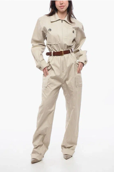 SAINT LAURENT COTTON TWILL JUMPSUIT WITH LEATHER BELT