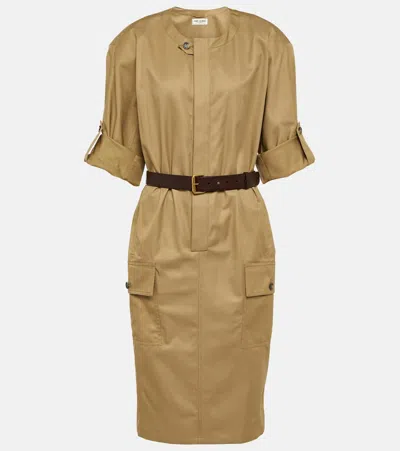 Saint Laurent Belted Cotton-twill Mini Dress In Beige
