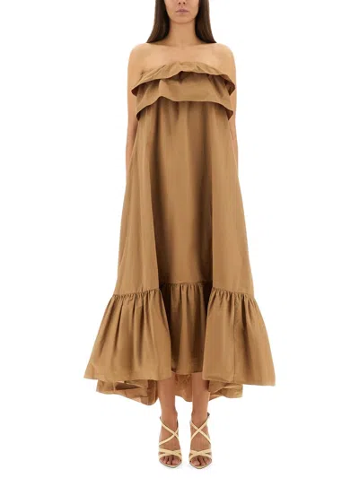 Saint Laurent Cotton Twill Ruffle Dress In Brown