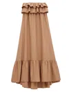 Saint Laurent Beige Long Dress With Bustier Neckline And Ruffled Skirt In Cotton Woman In Brown