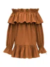 Saint Laurent Brown Ruffle Dress With Bare Shoulders In Cotton Twill Woman In Nude & Neutrals