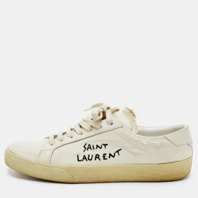 Pre-owned Saint Laurent Court Classic Size 37.5 Cream Canvas And Leather Low Top Sneakers In White