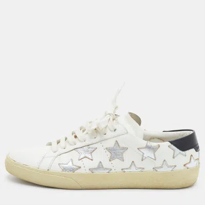 Pre-owned Saint Laurent Court Classic Size 37.5 White/black Leather Stars Low Top Sneakers