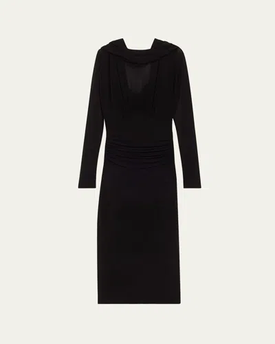 Saint Laurent Cowl-neck Gathered Midi Dress In Nero