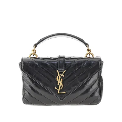 Saint Laurent Craquelé Leather Mini 'college' Bag In Black