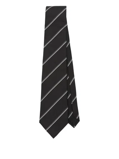 Saint Laurent Striped Silk Tie In Black