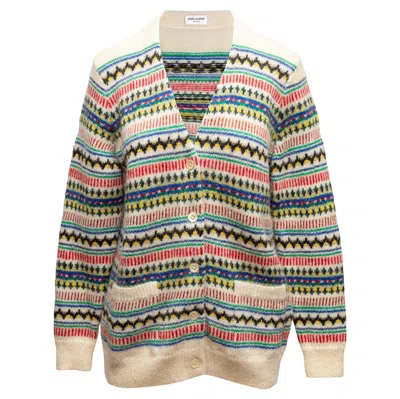 Pre-owned Saint Laurent Cream & Multicolor  Wool & Mohair-blend Cardigan In White