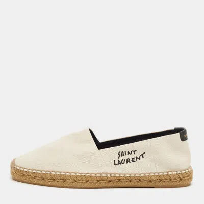 Pre-owned Saint Laurent Cream Canvas Logo Embroidered Espadrille Flats Size 42 In White