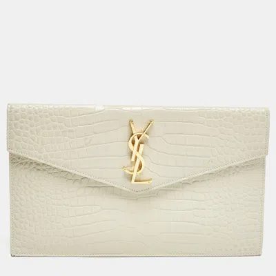 Pre-owned Saint Laurent Cream Croc Embossed Leather Uptown Pouch